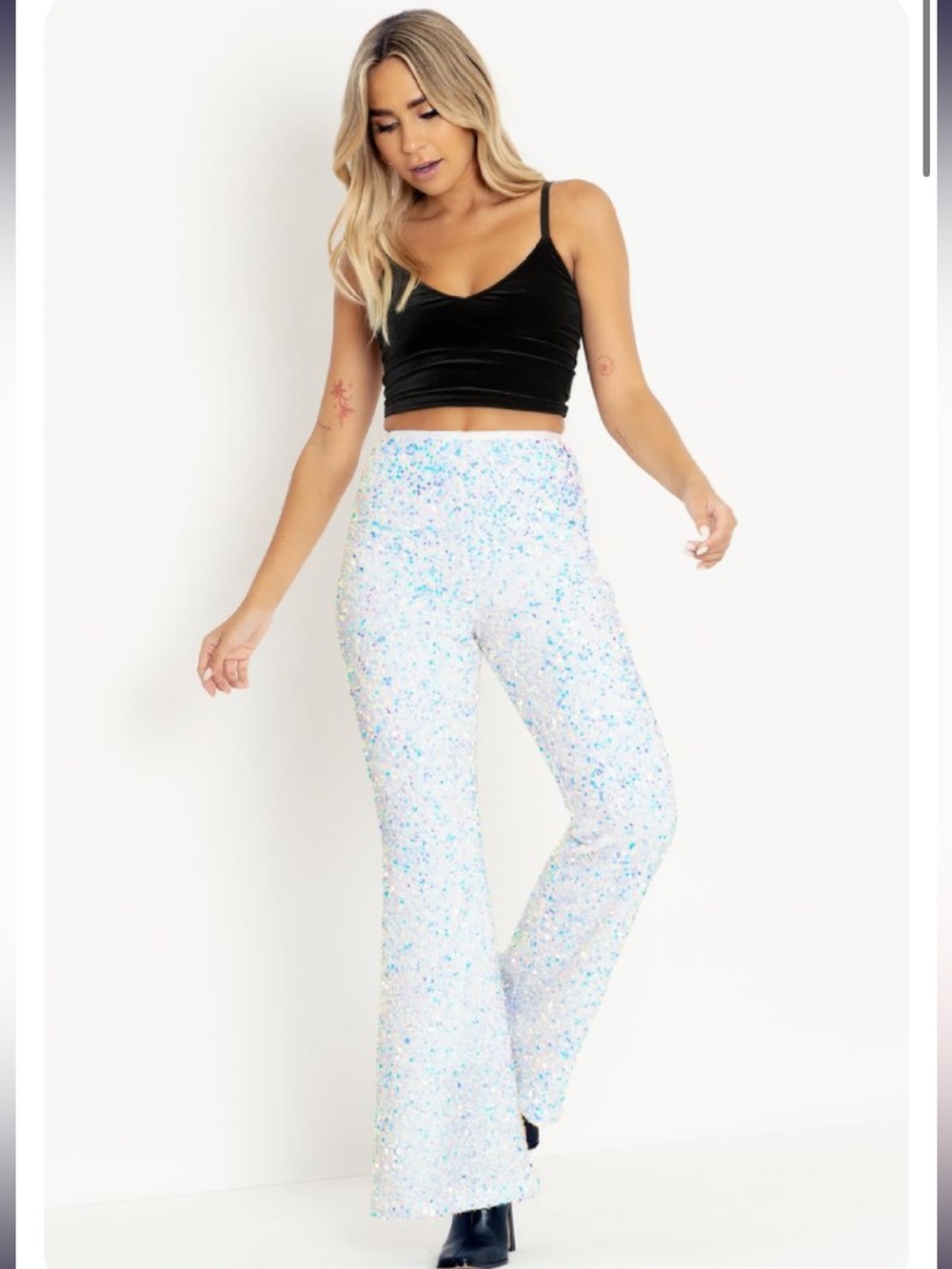 Blackmilk Sparkle Sparkle Holo Sequin Velvet HW Flare Pants - Picture 2 of 4